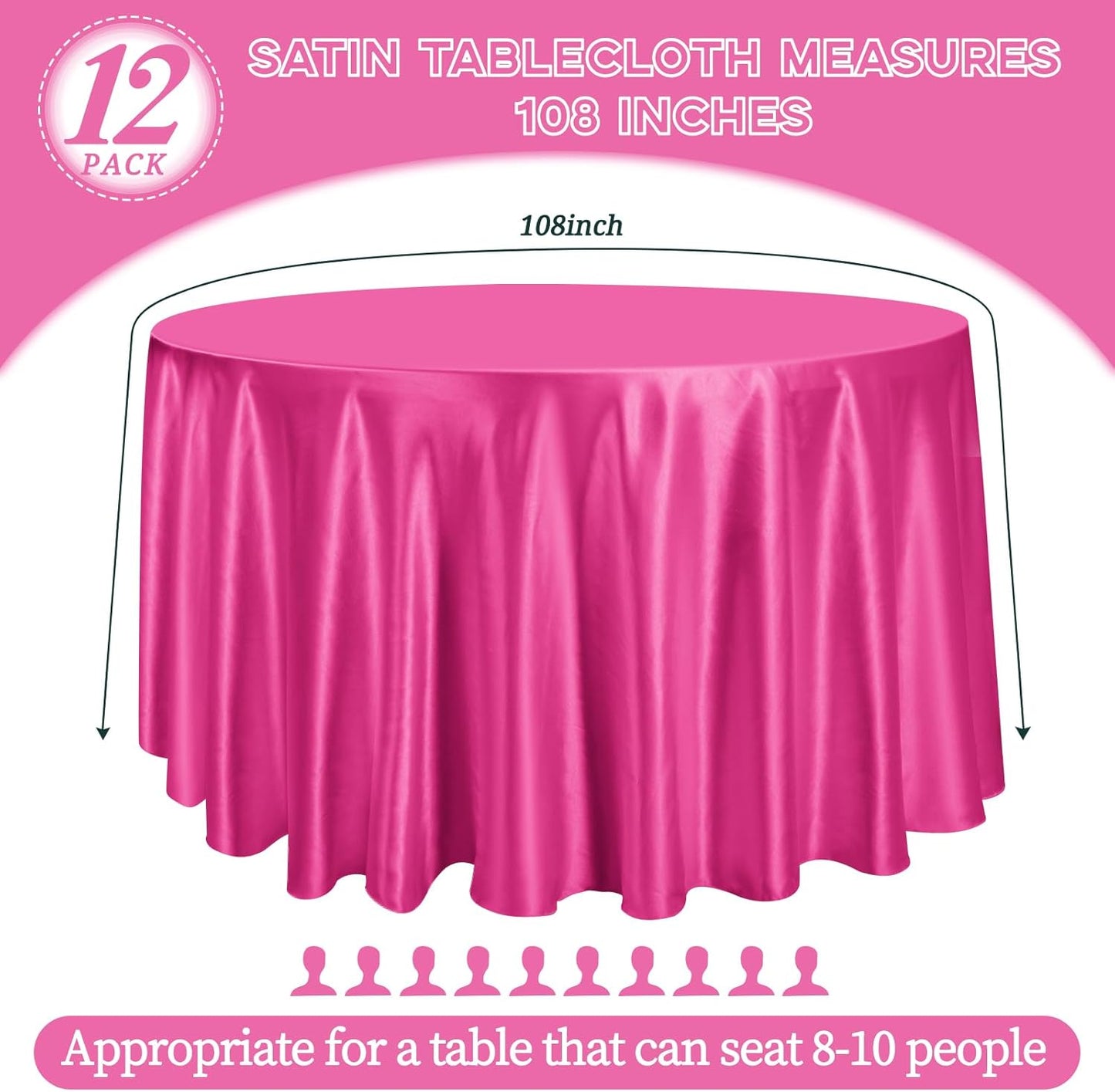 12 Pack 108 Inch Hot Pink Satin Tablecloth - Silky Round Tablecloth Overlay Smooth Fabric Table Cover, Bright Table Decoration for Wedding Party Banquet Events Restaurant Kitchen Dining