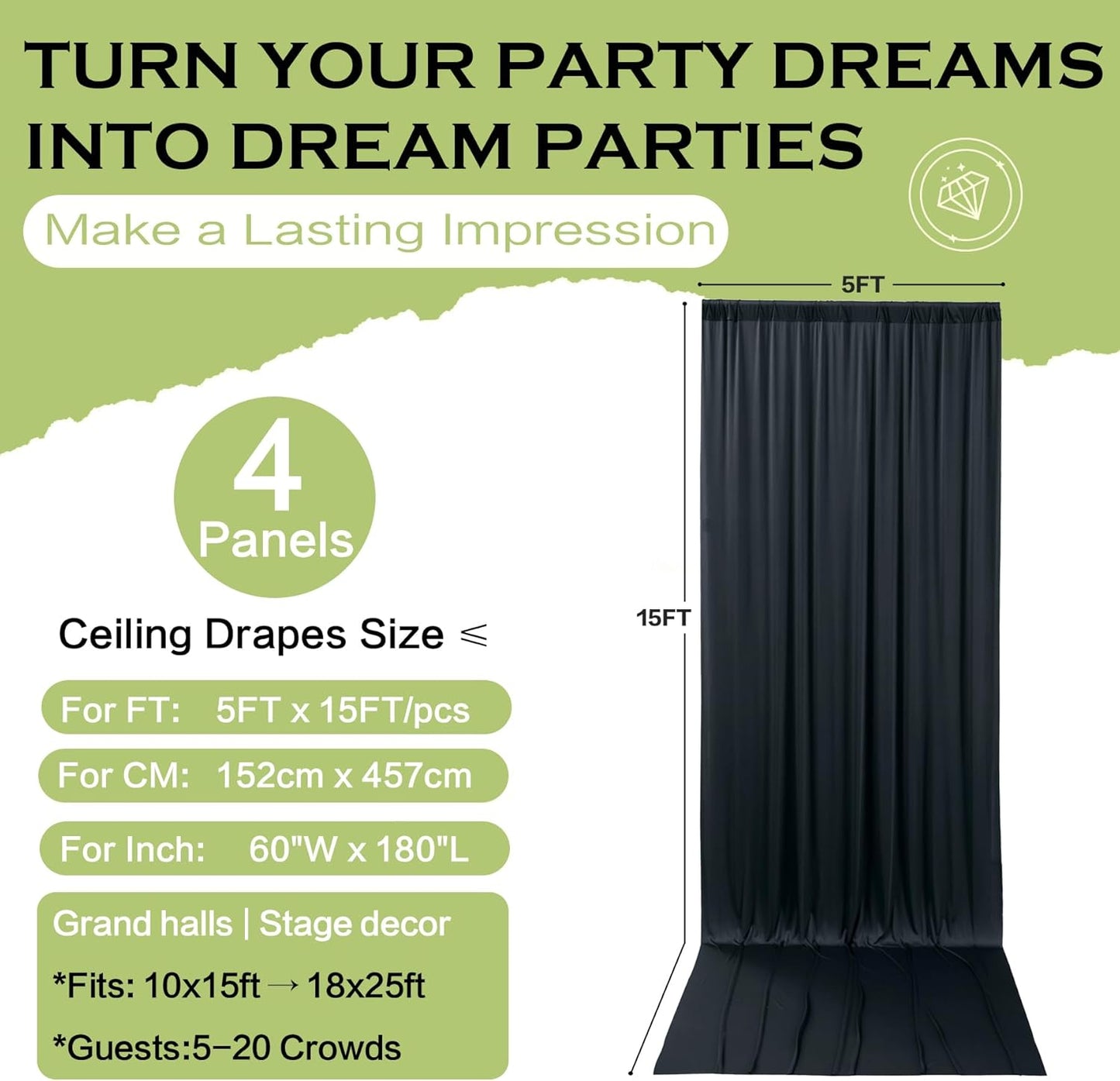 PartyVillage 20ft×15ft Black Backdrop Curtain for Halloween Parties, 4 Panels Wrinkle Free 15 FT Long Polyester Photo Backdrop Drapes Back Drop Cloth for Birthday Photography Background