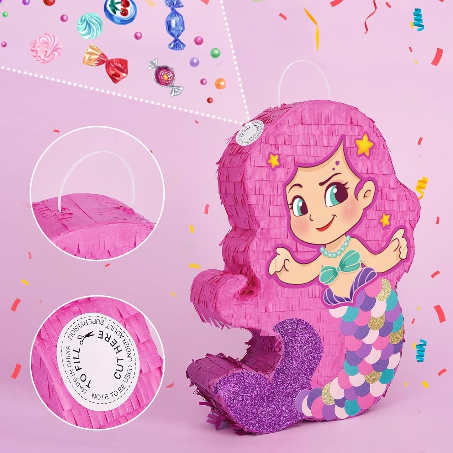 WERNNSAI Mermaid Piñata-Mermaid Party Piñata with Bat and Blindfold for Girls, Kids Birthday Party Games Anniversary Celebration Classroom Activities Mermaid Themed Party Decorations (15.7’’ x 12.2’’)