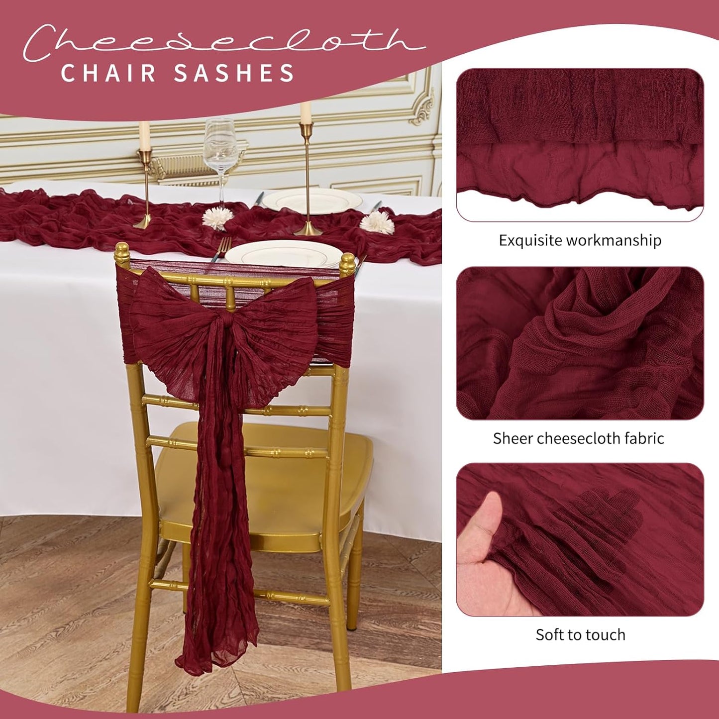 50 PCS Cheesecloth Chair Sashes, Bows Designed ChairSashes, 15.7x108 inch Chair Sashes for Aisle Decorations Universal Chairs Cover Decoration for Wedding Reception Party Banquet (Burgundy)