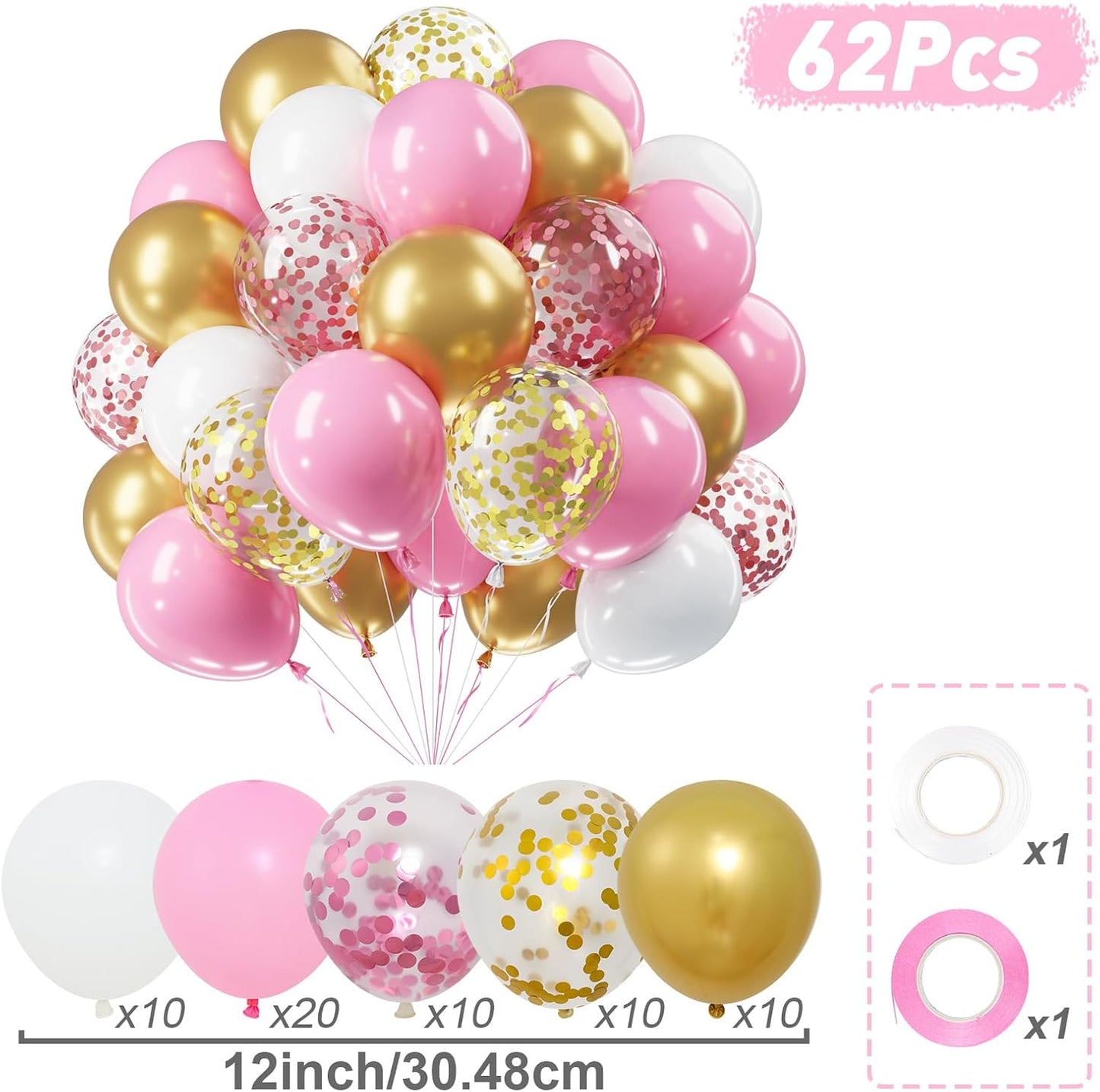Netnology Pink Gold Confetti Balloons Set, 60Pcs 12 Inch Pink White Metallic Gold and Pink Gold Confetti Latex Balloon for Girls Birthday Baby Shower Bridal Shower Wedding Princess Party Decorations