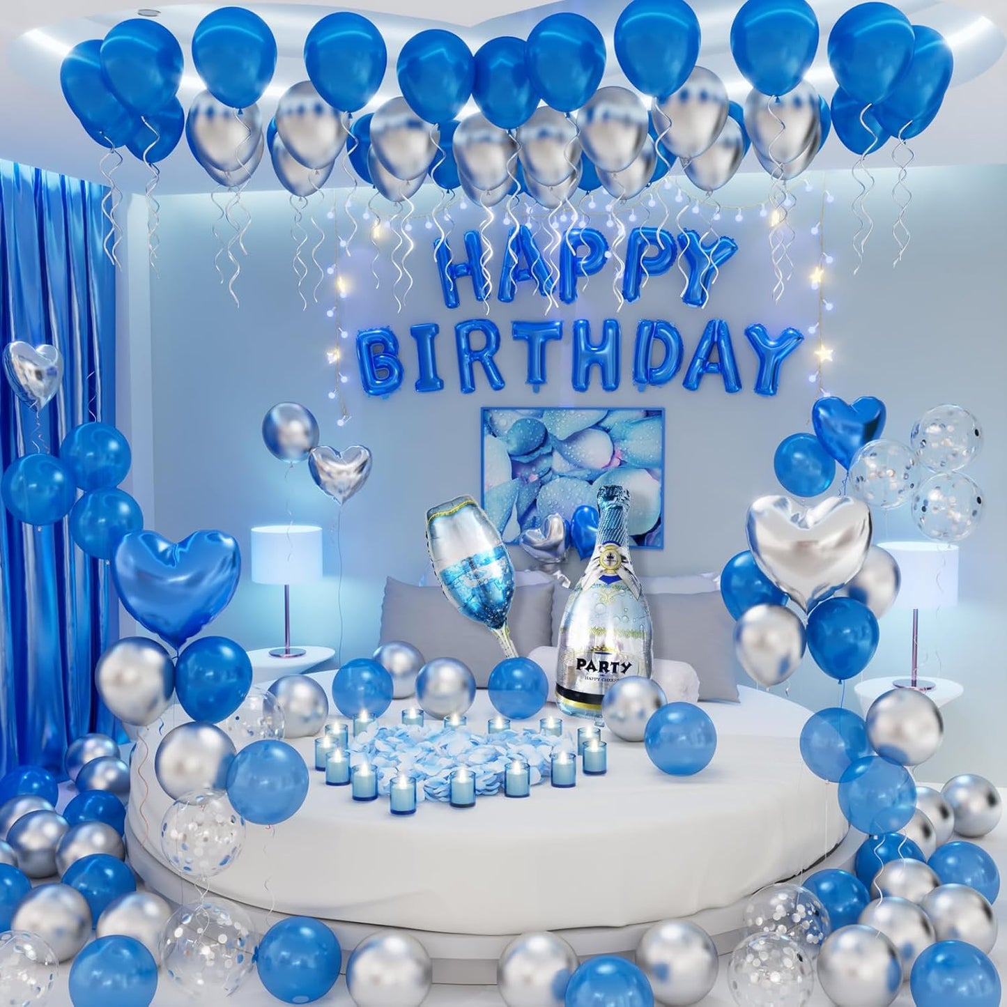 Blue Happy Birthday Decorations for Men Blue and Silver Biirthday Balloon Letters Banner with Heart-Shaped Champagne Bottle Wine Glass Balloons Rose Petals for Room Birthday Party Decor