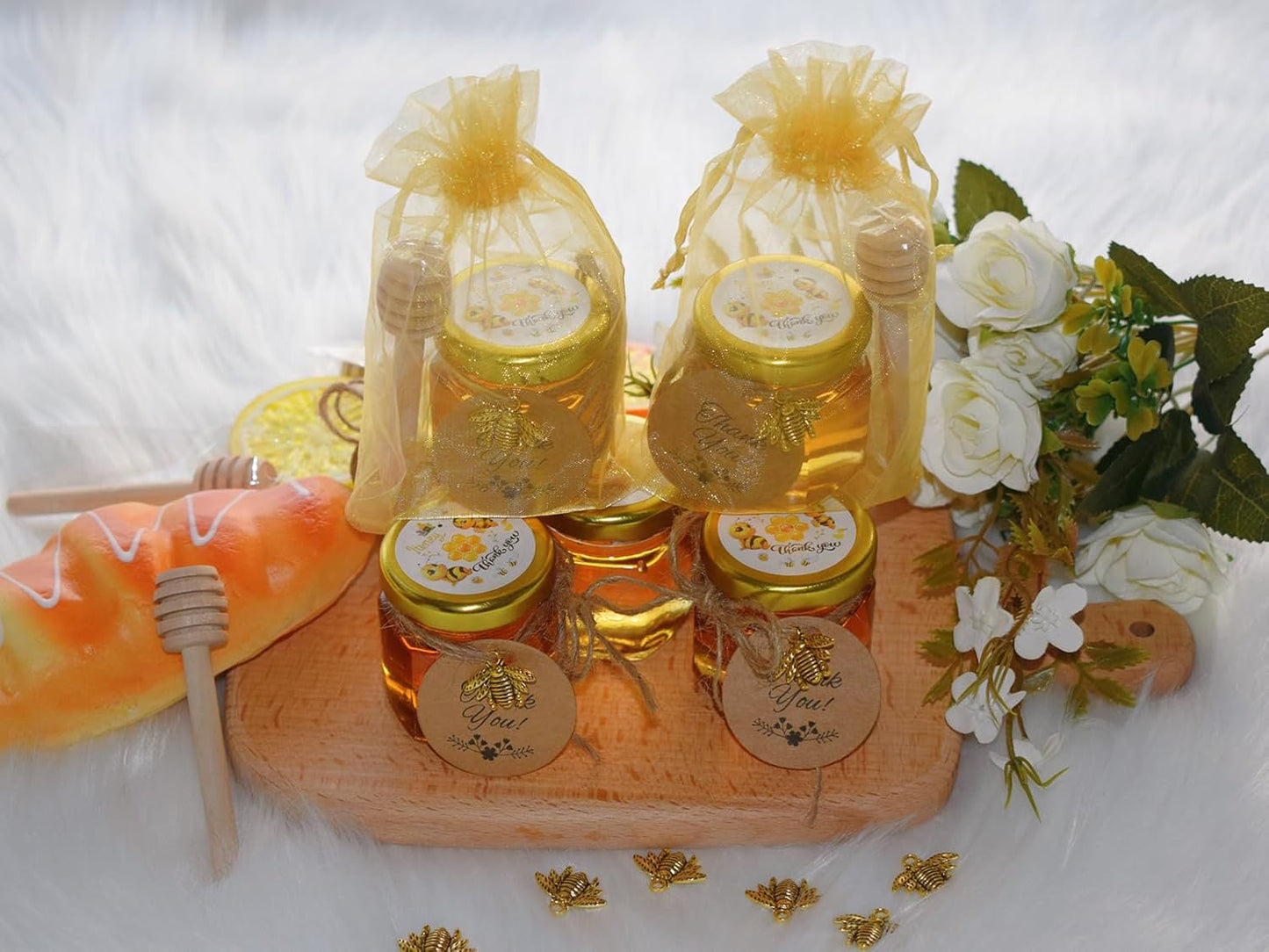 IIKUM 40 Pack Glass Honey Jars, 1.5 oz Honey Pot with Baby Shower Sash, Lids, Dippers, Bee Pendants, Gift Bags, Cards, Jute and Stickers-Ideal Honey Jars Set for Baby Shower, Wedding and Party Favors