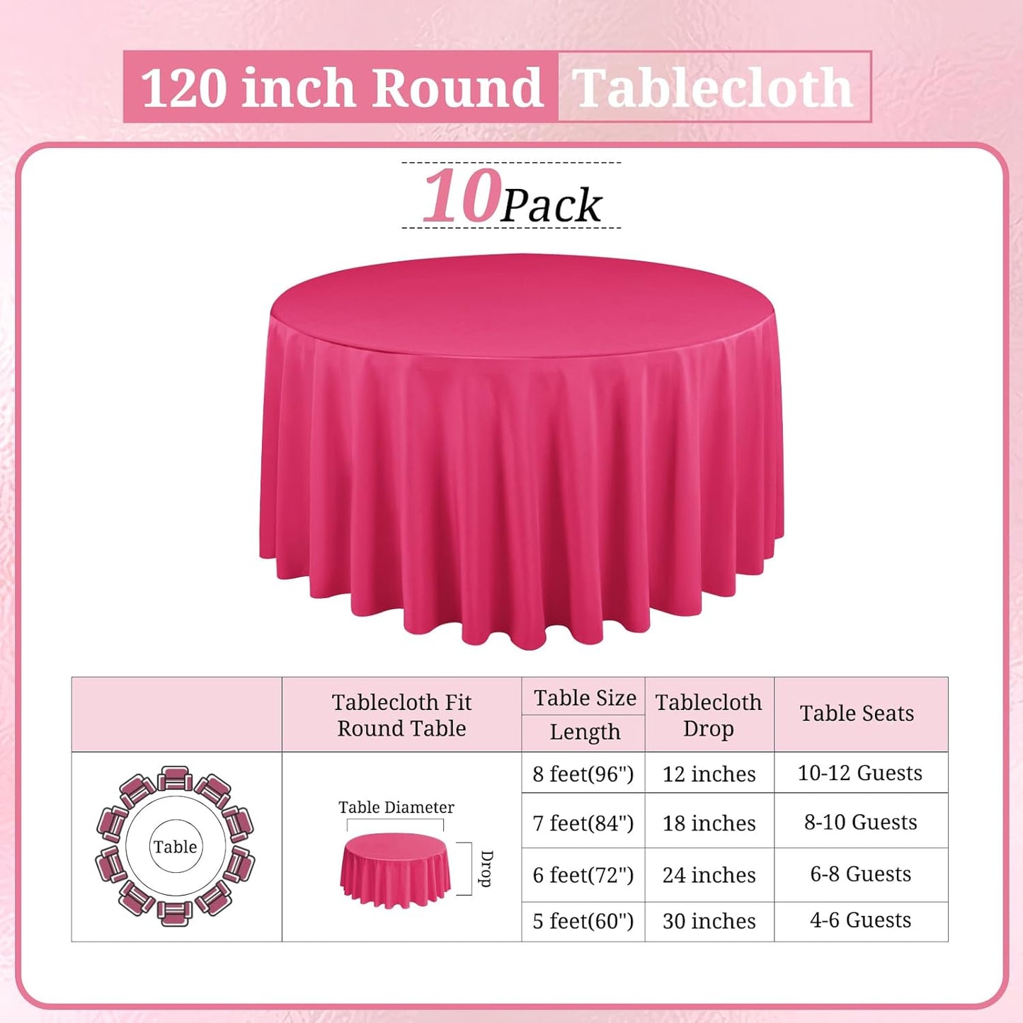 10 Pack Hot Pink Round Tablecloths 120 Inch, Circle Bulk Washable Linen Polyester Tablecloth, Table Cloth Cover for Wedding Buffet Party Banquet Reception Restaurant and Camping