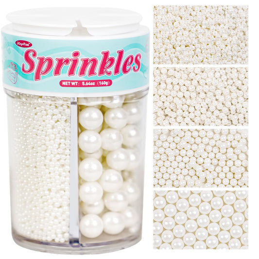 White Edible Sugar Pearl Sprinkles for Cake Decorating, Candy Pearls Sprinkles for Cupcake, Cookie, Baking Cake Decorations, 4 sizes, 160g/5.64oz, Wedding Party Chirstmas Supplies