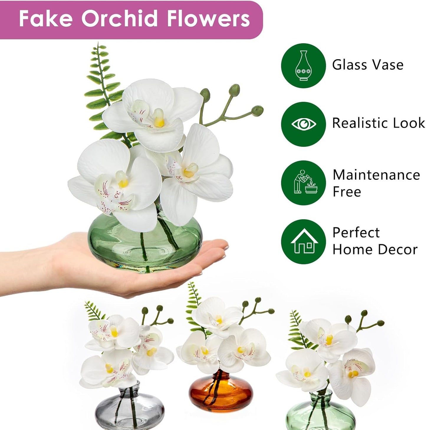 White Orchids Artificial Flowers Faux Orchids Arrangement in Light Green Glass Vases Set of 3 Real Touch Phalaenopsis Orchid Flowers Small Fake Orchid Centerpiece for Dining Room Table