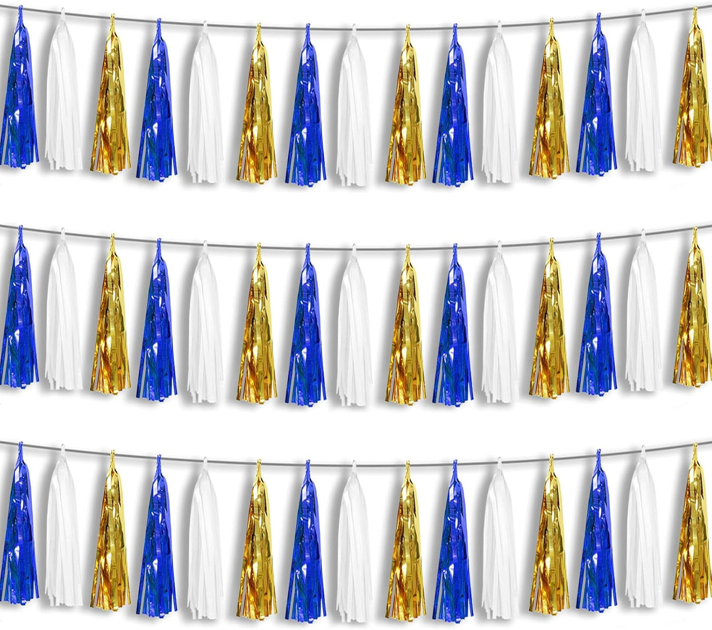 3P Navy-Blue White-Gold Foil Fringe Metallic Tassel-Garland, Tassels Banner Streamers for Parade Floats, Bachelorette, Wedding, Birthday, Halloween, Christmas, Bridal/Baby Shower Party Decorations