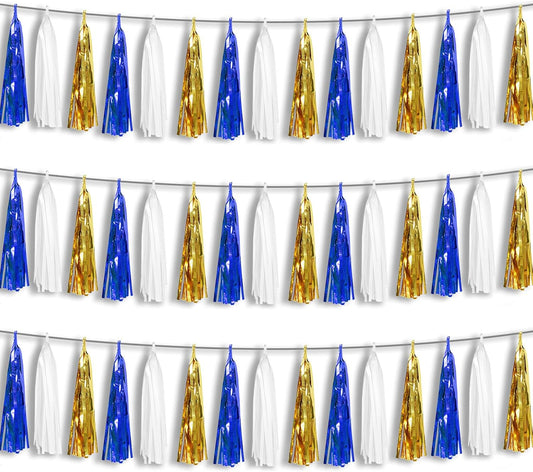 3P Navy-Blue White-Gold Foil Fringe Metallic Tassel-Garland, Tassels Banner Streamers for Parade Floats, Bachelorette, Wedding, Birthday, Halloween, Christmas, Bridal/Baby Shower Party Decorations
