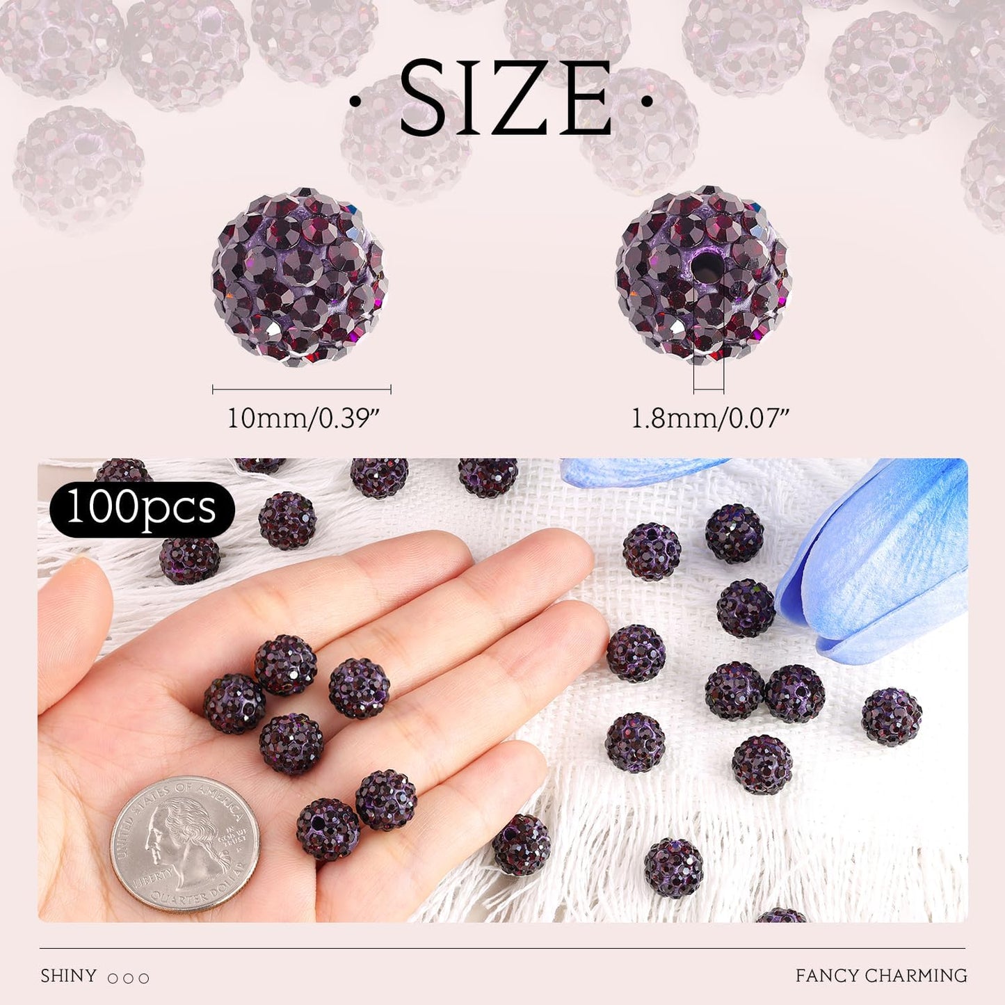 100pcs 10mm Rhinestone Beads for Jewelry Making, Dark Purple Shiny Round Shamballa Disco Beads Bulk, Sparkle Crystal Clay Christmas for Bracelet Baseball Necklace Earring Crafting and DIY