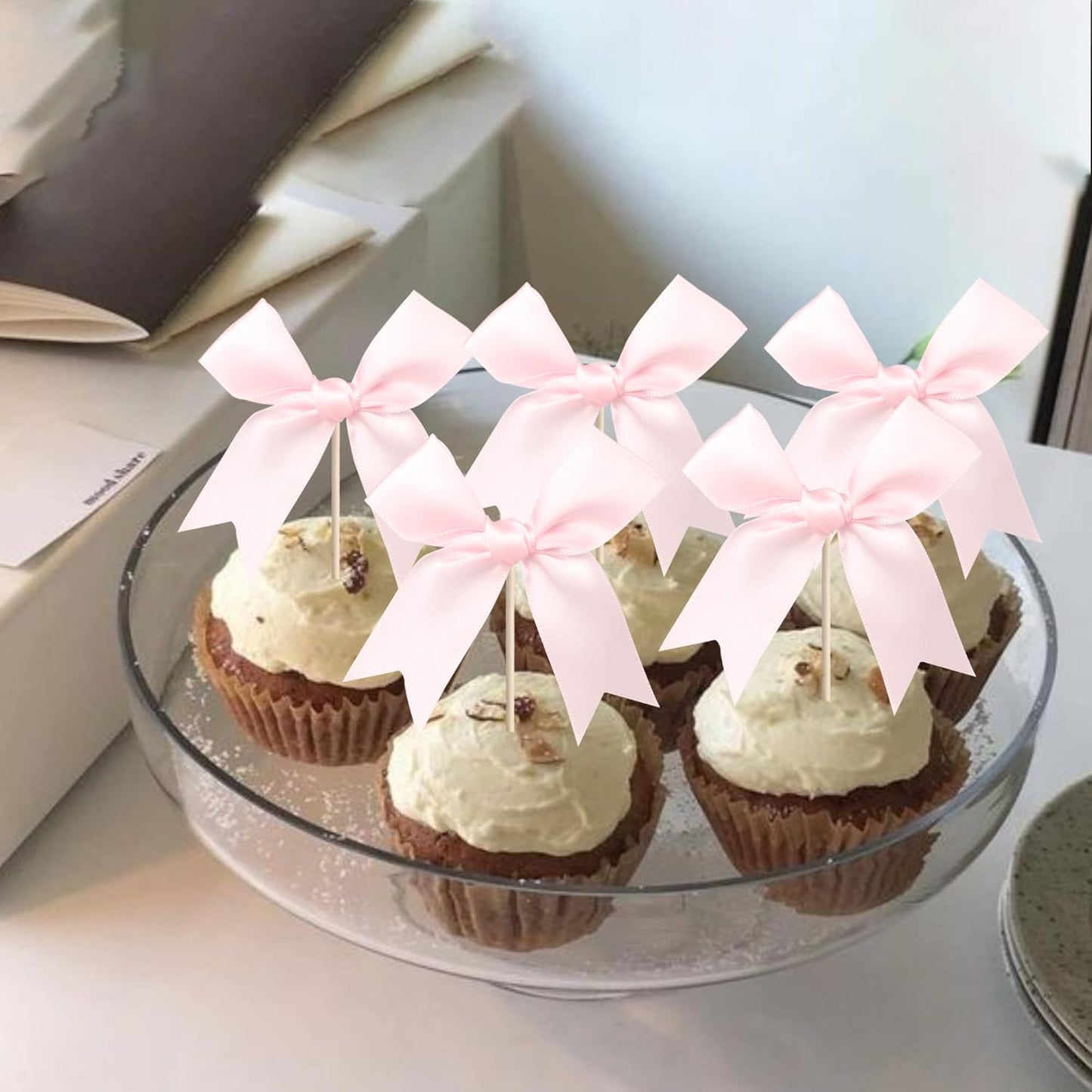 24 PCS Bow Cupcake Toppers Bowknot Coquette Bow Girls Birthday Cake Decorations Bow Cake Toppers Bowknot Cupcake Picks for Baby Shower Birthday Wedding Bridal Engagement Party Supplies Pink