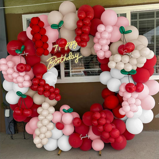 Soonlyn Cherry Balloons Arch kit 200Pcs 12In Cherry Birthday Decorations Red Pink White Balloons Long Green Balloon for Cherry on Top Baby Shower Bridal Shower Decorations