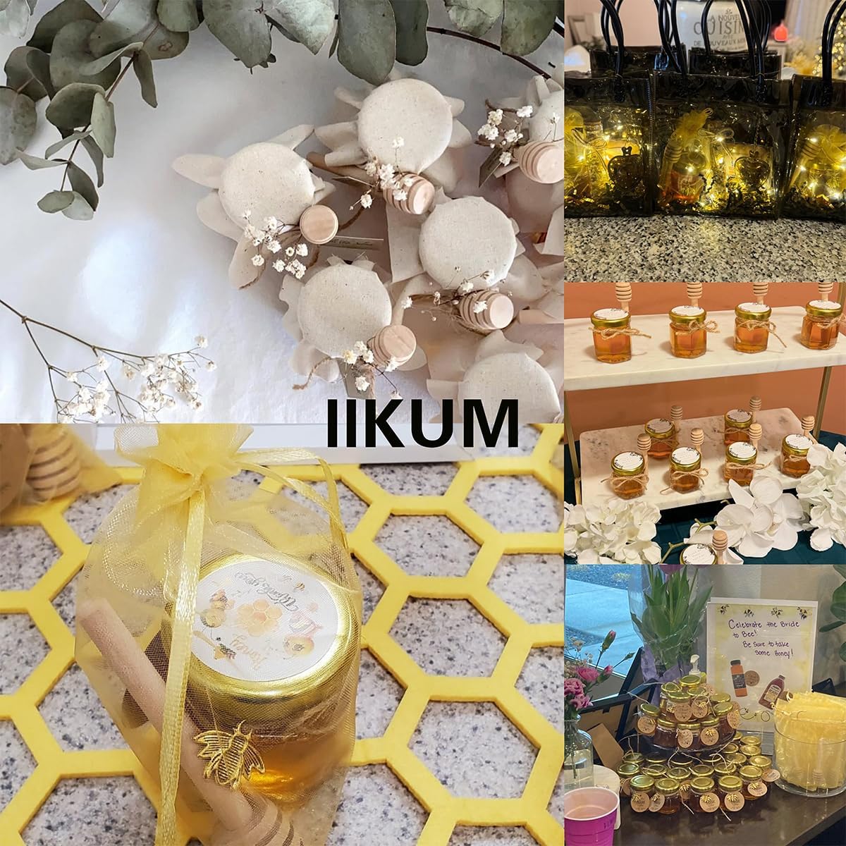 IIKUM 20 Pack Glass Honey Jars, 1.5 oz Hexagon Honey Pots with Lids, Wooden Dippers, Bee Pendants, Gift Bags, Thank You Cards, Jutes and Stickers-Ideal Gift for Baby Shower, Wedding and Party Favors
