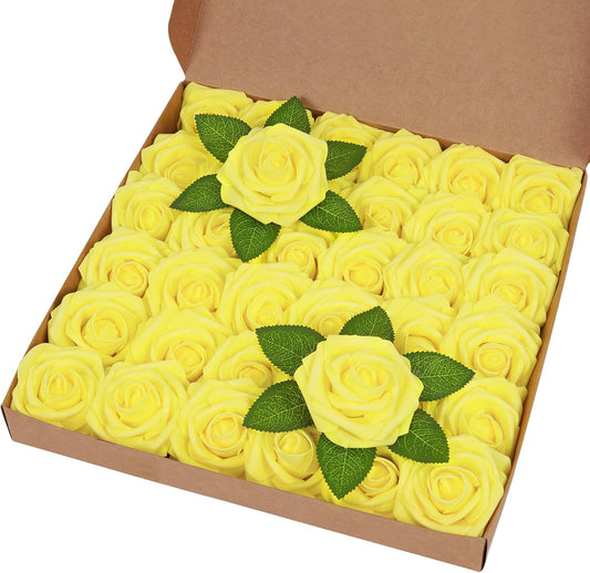 BLEUM CADE 36Pcs Artificial Flowers Fake Roses with Stems, Yellow Boxed Foam Roses for DIY Bouquets Centerpieces Wedding Party Arrangement Bridal Shower Decor