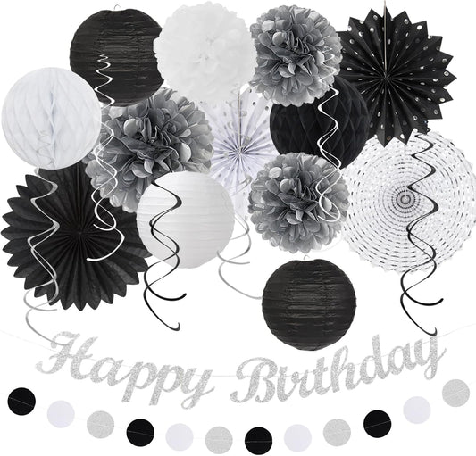 Black White Silver Birthday Party-decorations - 21pcs Boys Men Happy Banner,Paper Streamers Lanterns Honeycomb,Tissue Pom Poms Fan,Adult Supplies Decor 16th 20th 40th 45th 50th 60th Huglony