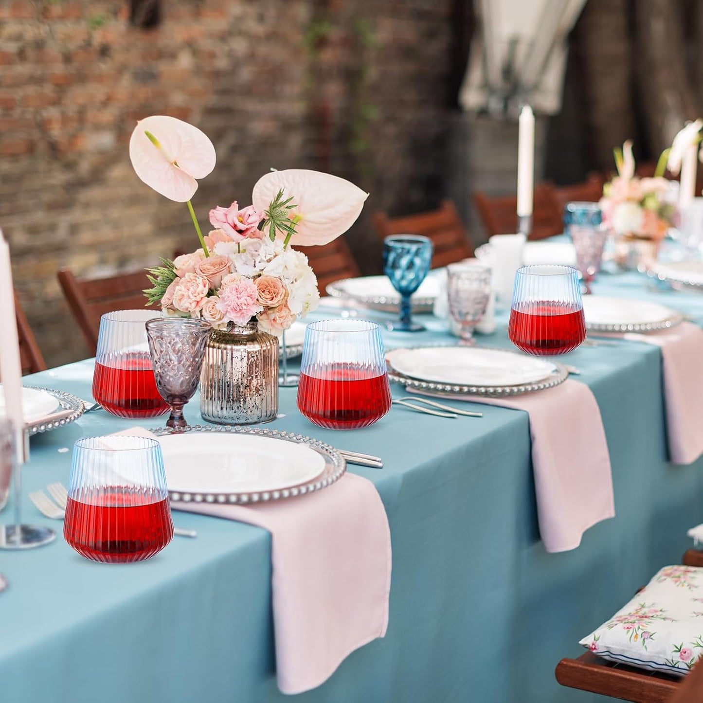 Suclain Plastic Wine Glasses Ribbed Stemless Wine Glasses 14oz Vertical Design Unbreakable Cups for Outdoor Indoor Vintage Elegant Champagne Whiskey Cups for Party Wedding(Blue,100 Pcs)