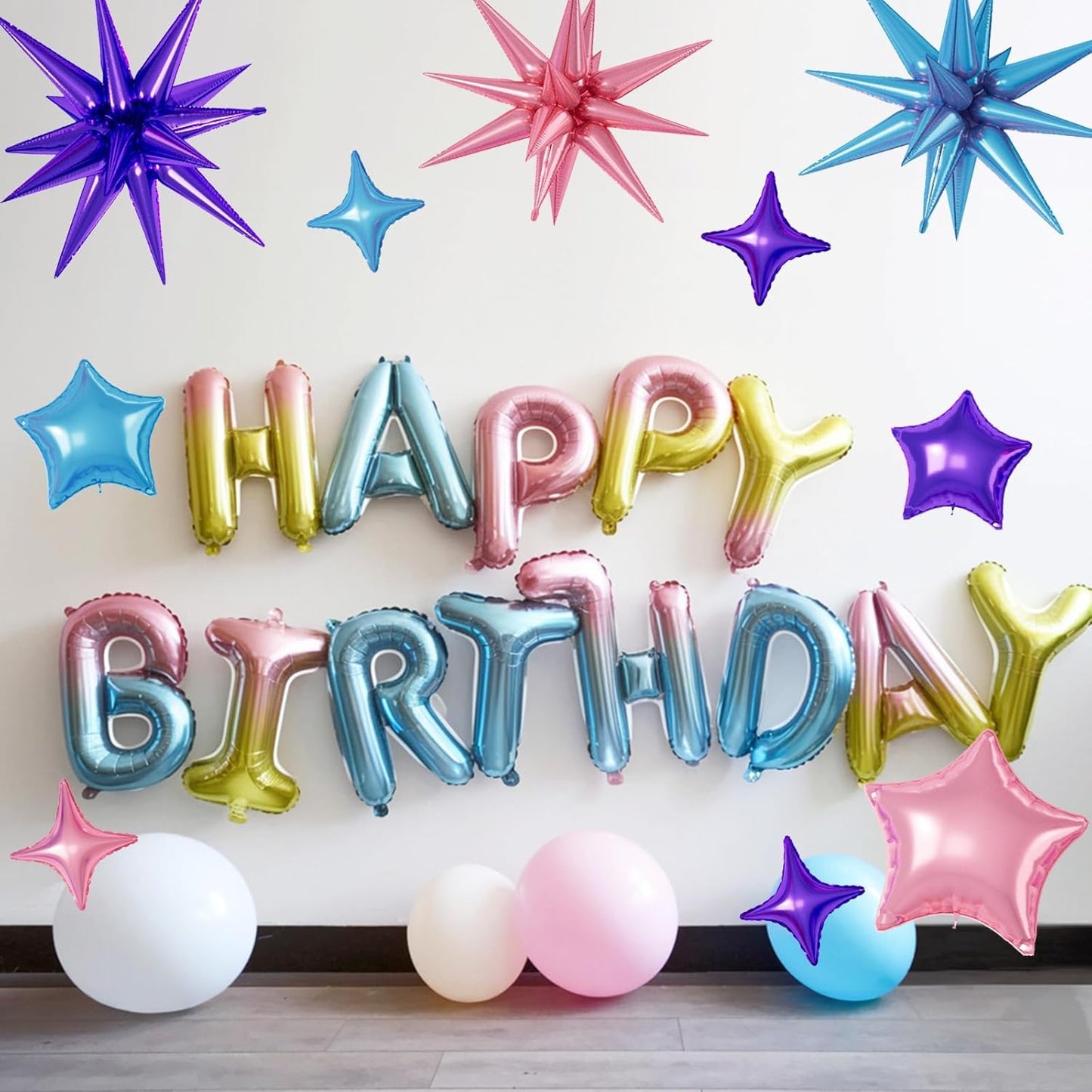 16 Pcs Pink Purple Blue Star Balloons, 22/18/10 Inch Foil Balloons, Four-Pointed Balloon for Girl Princess Mermaid Birthday Baby Shower Party Decorations
