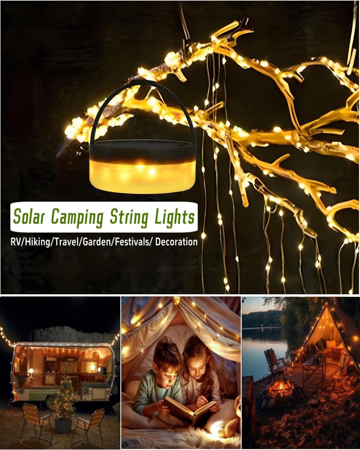 Solar Camping String Lights, 32.8FT Fairy String Lights 130LEDs, 4 In 1 Portable Waterproof Camp Lamp with 8 Mode, Hanging Rechargeable Tent Lantern for Awning Garden Yard Party Christmas Decorations