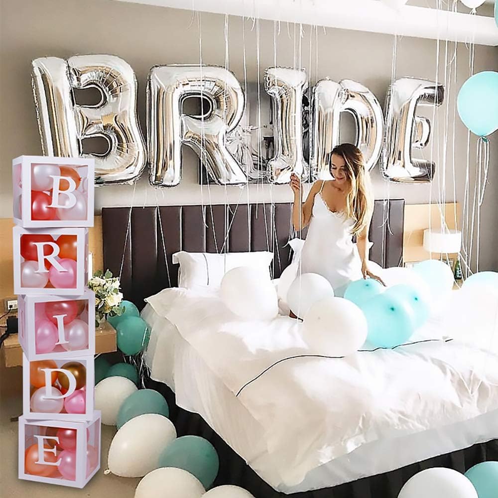 96 PC Bridal Shower Decorations Balloon Boxes White- Transparent Block with BRIDE TO BE + GROOM + A - Z Letters and 40 Balloons- Engagement Bachelorette Parties Weddings Centerpieces Photo Booth Props