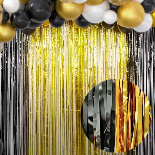 Black and Gold Party Decorations - 4Pack 3.2x8.2ft Black and Gold Foil Fringe Curtains for Birthday Party Decorations