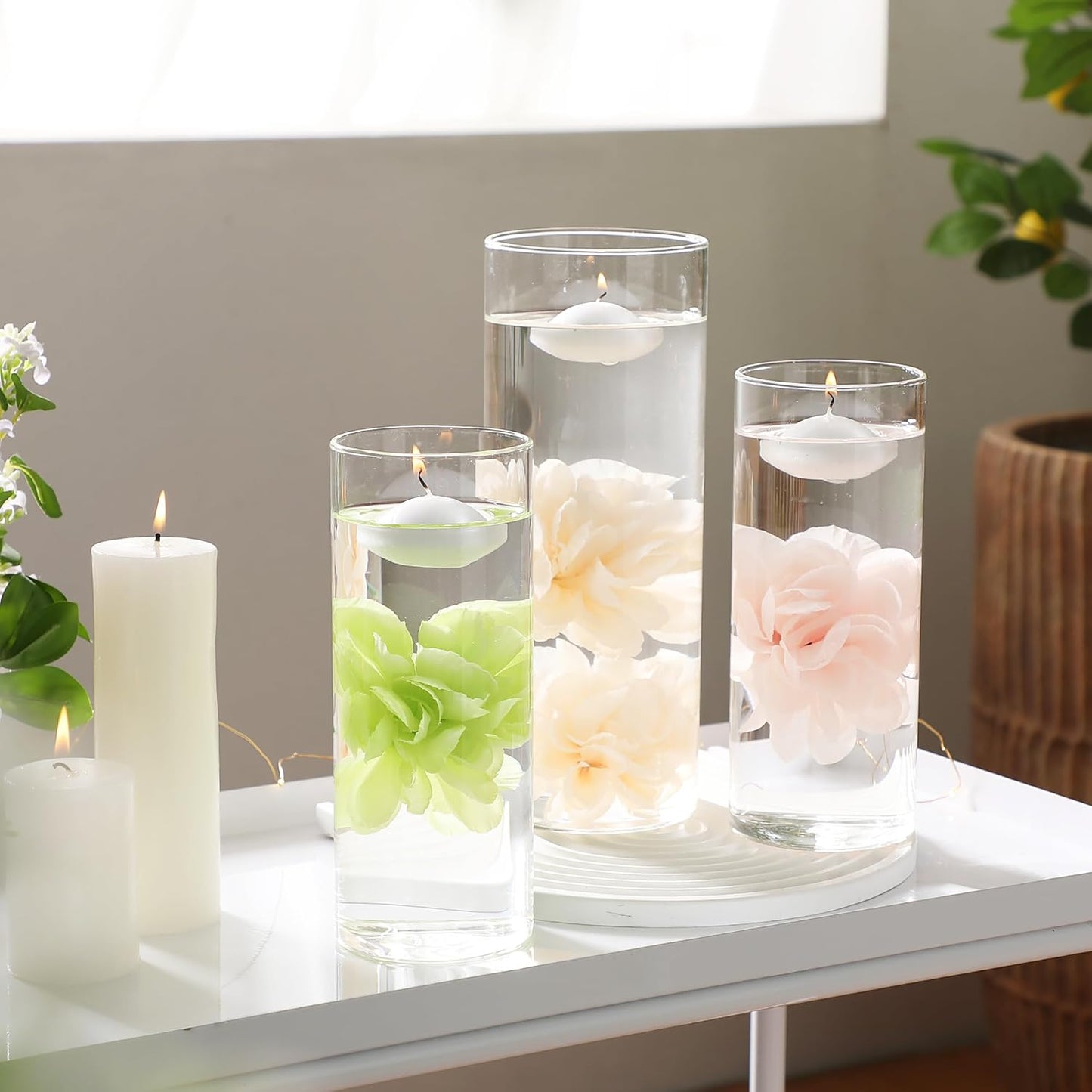 24 Pcs Floating Candles for Centerpieces and Floating Flowers Artificial Flowers Head Vase Filler for Party Home Table Wedding Centerpieces Decoration (Champagne)