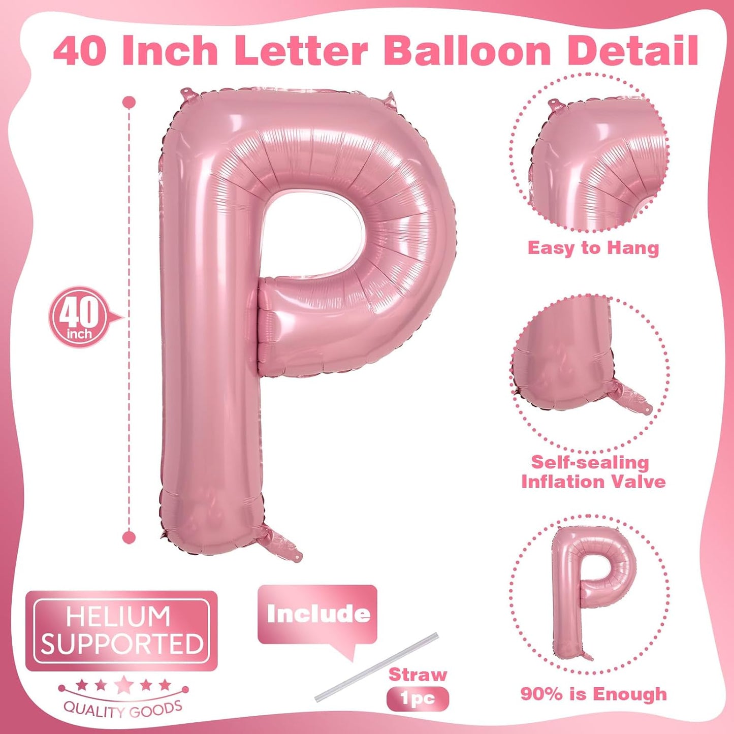 Giant Letter P Foil Name Balloon, Pastel Pink Inflatable Word Balloons P Alphabet Birthday Decor, 40 Inch Baby Pink A-Z Custom Letter Balloon for Girls Baby Shower Party Decoration Supplies
