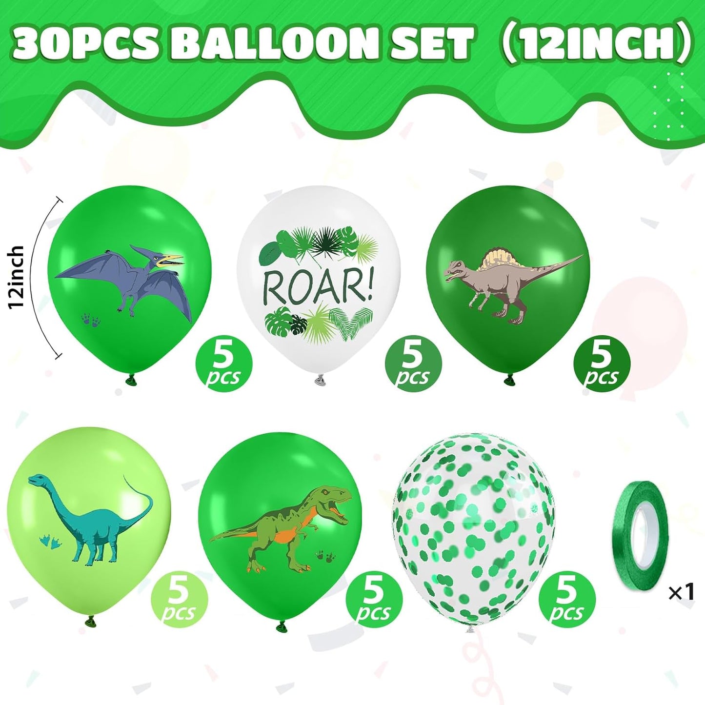 Dinosaur Balloons, 12 Inch Fruit Lime Dark Green White Confetti Balloons with Dinosaur Printed Pattern for Boys Jungle Theme Birthday Party Safari Woodland Baby Shower Decorations