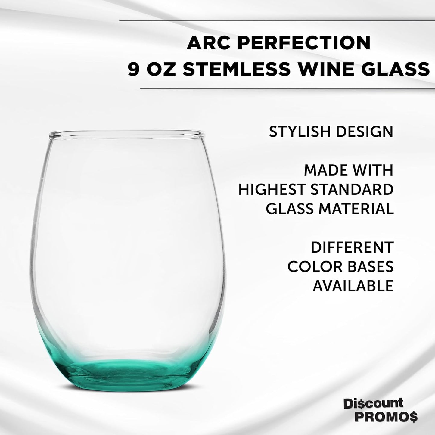 DISCOUNT PROMOS Stemless Wine Glass 9 oz. Set of 10, Bulk Pack - Great for Wedding Favors, Bachelorette Party and More - Green Bottom Color