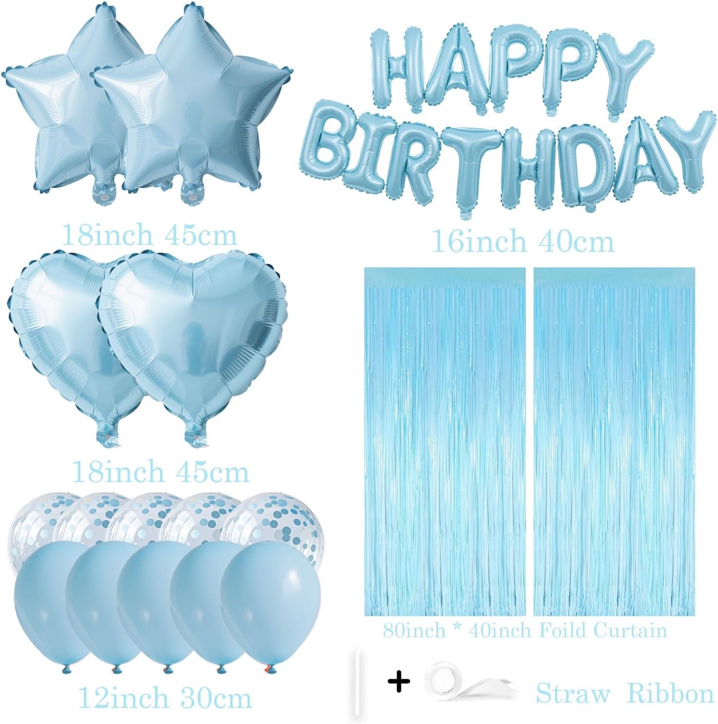 29 Pcs Light Blue Birthday Party Decorations - Happy Birthday Balloons Banner Blue, Heart & Star Foil Balloons, Confetti & Latex Balloons, Foil Fringe Curtains Party Supplies for Girls Boys