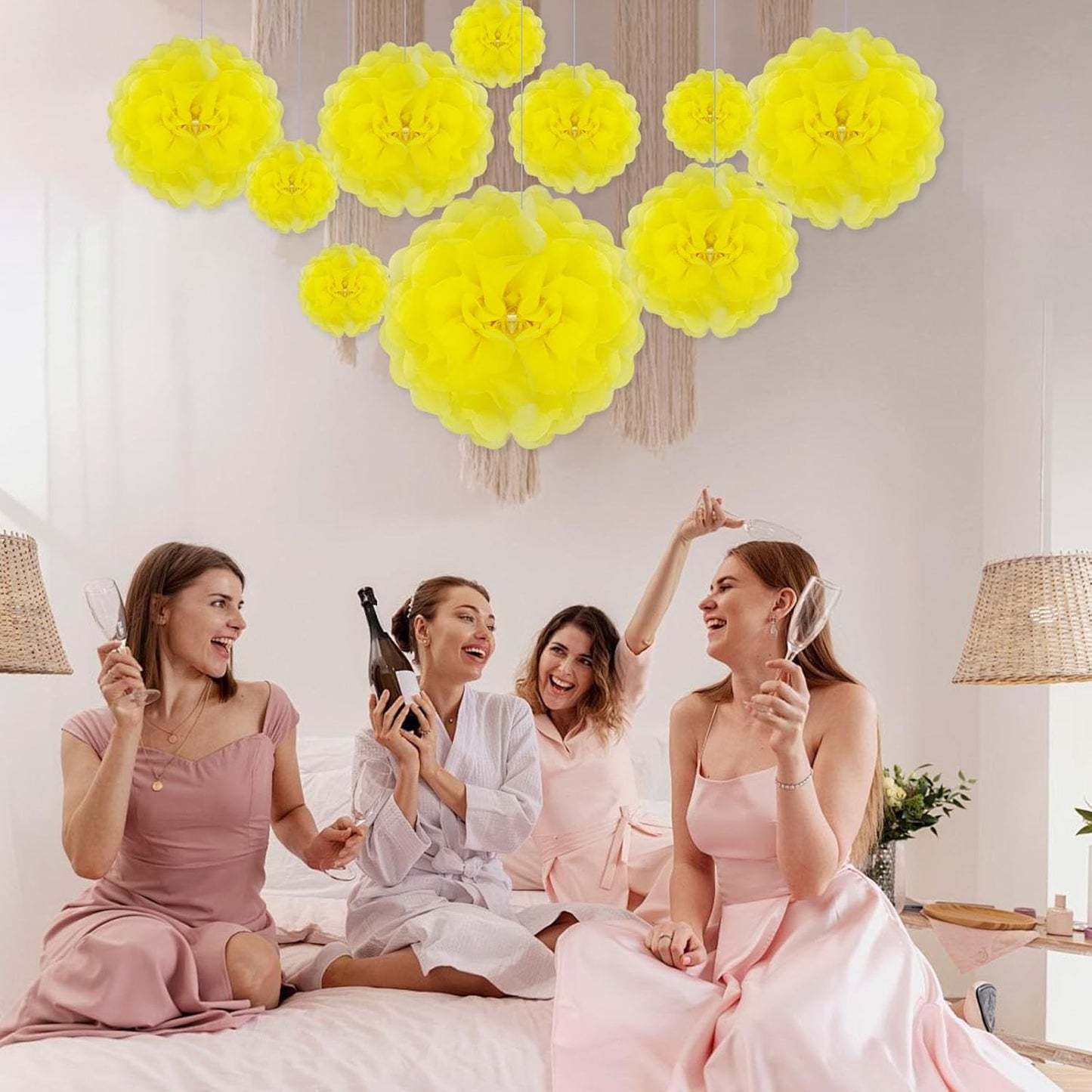 Tissue Paper Pom Poms, Light Yellow Tissue Paper Flowers, Hanging Flower Balls for Weddings Fiesta Parties Birthday Baby Showers Classroom Bridal Shower Decoration (20Piece Set-6/10/12/14Inch)