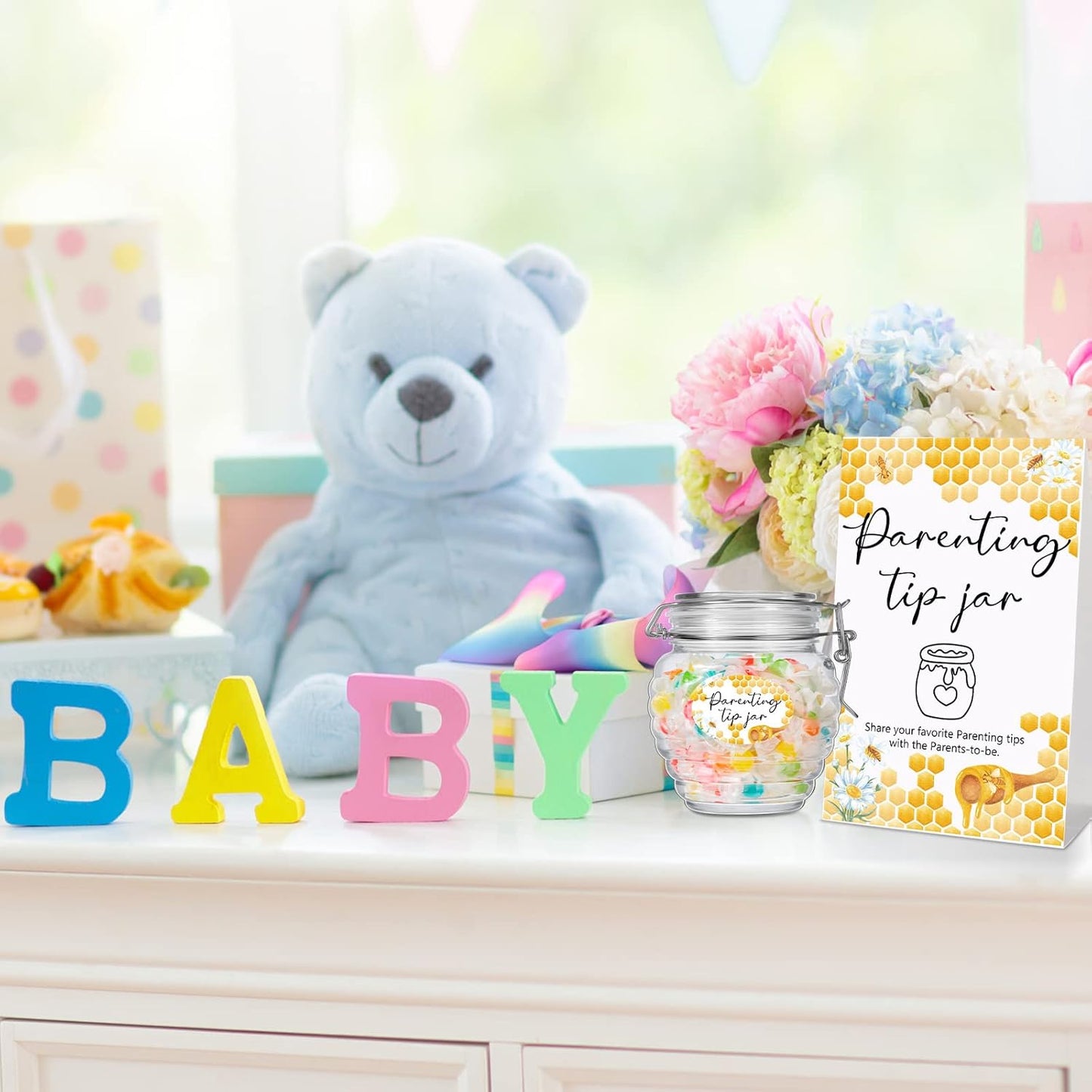Roowest Baby Shower to Baby Advice Cards for New Parents to Be - Tip Jar Sign for New Parents 60 Parenting Advice Cards 10 HB Pencils 2 Cute Stickers 1 Pet Bottle for Guests Games(Honey)