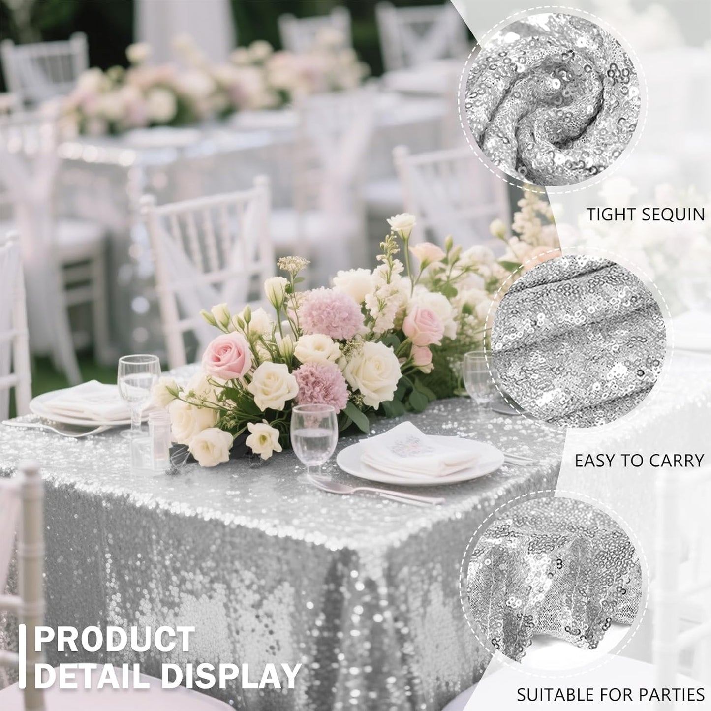 OQSQ Silver Sequin Tablecloth 50x80 inch, Sparkle Sequence Table Cover Glitter Drape Table Cloth Decorations Wedding Birthday Party