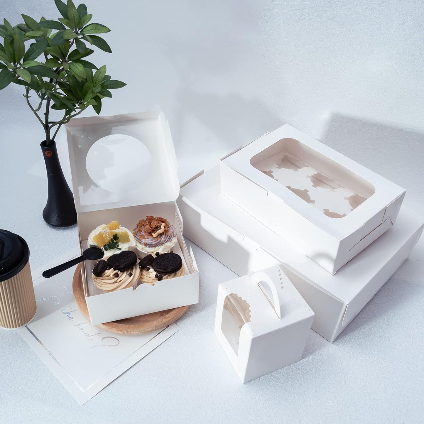 Yeplan 50 Packs Cupcake Boxes,9.4x6.1x3.14 Inches 6 Count Cupcake Box,White Cupcake Containers with Clear Window and Six Treat Holder,Pastry and Cookie Boxes,Bakery Boxes