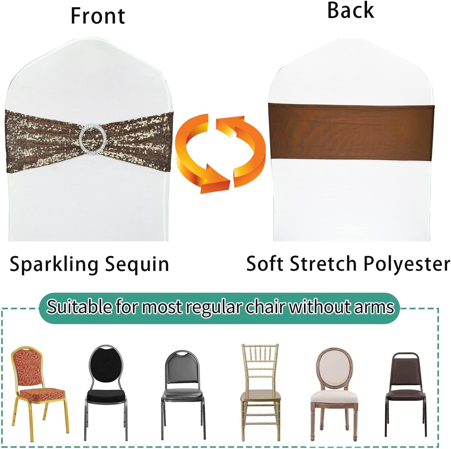 10 Pcs Sequin Chair Sashes Stretch Chair Bands Spandex Polyester Bows for Party Hotel Wedding Banquets Decoration - Coffee