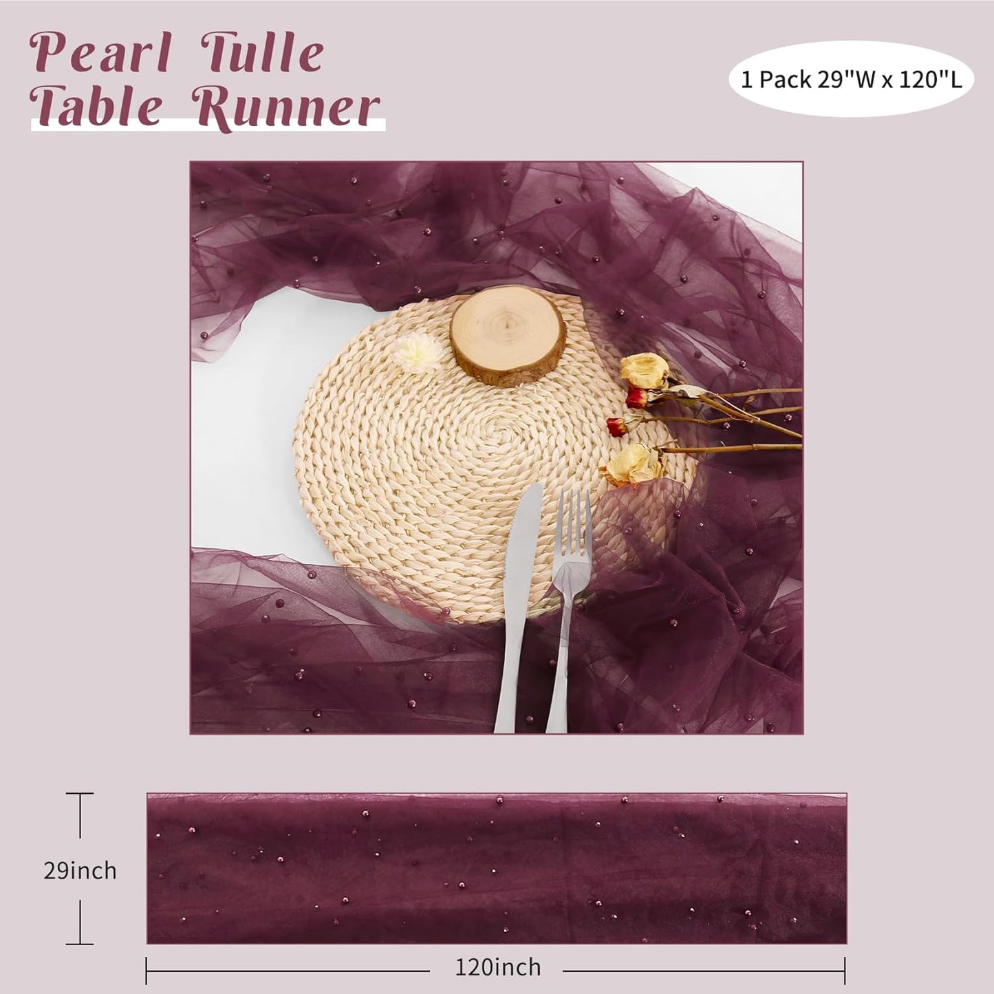 Pearl Table Runner 29 x 120 Inch Tulle Fabric Lace Table Runners Boho Rustic Tablecloth for Bridal Shower Birthday Party Wedding Arch Aisle Veil Dessert Table Decor(1 Pack, Burgundy)