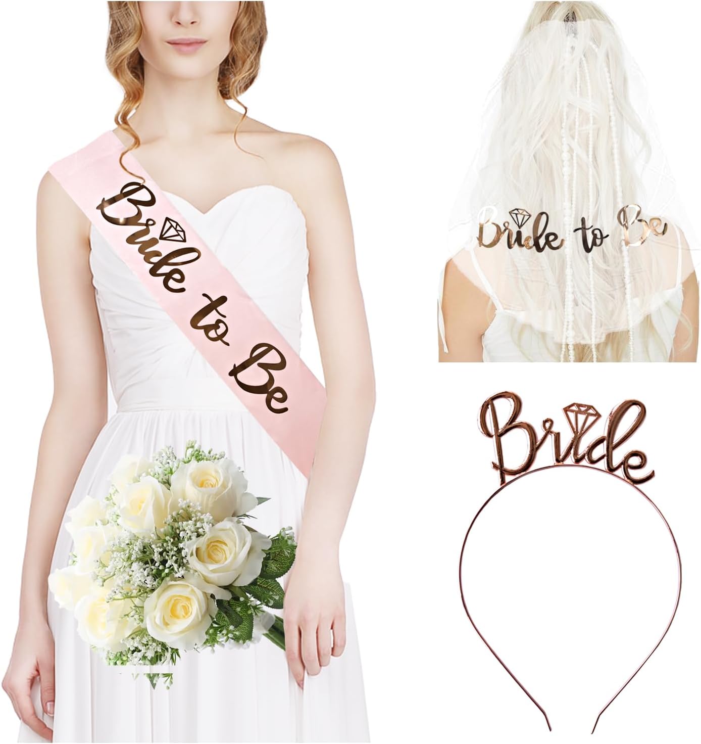 3 Pack Bride to Be Decorations Set, Bride to Be Sash, White Bride Veil, Bride Headband Tiara for Bachelorette Party Bridal Shower Decoration(Rose Gold)