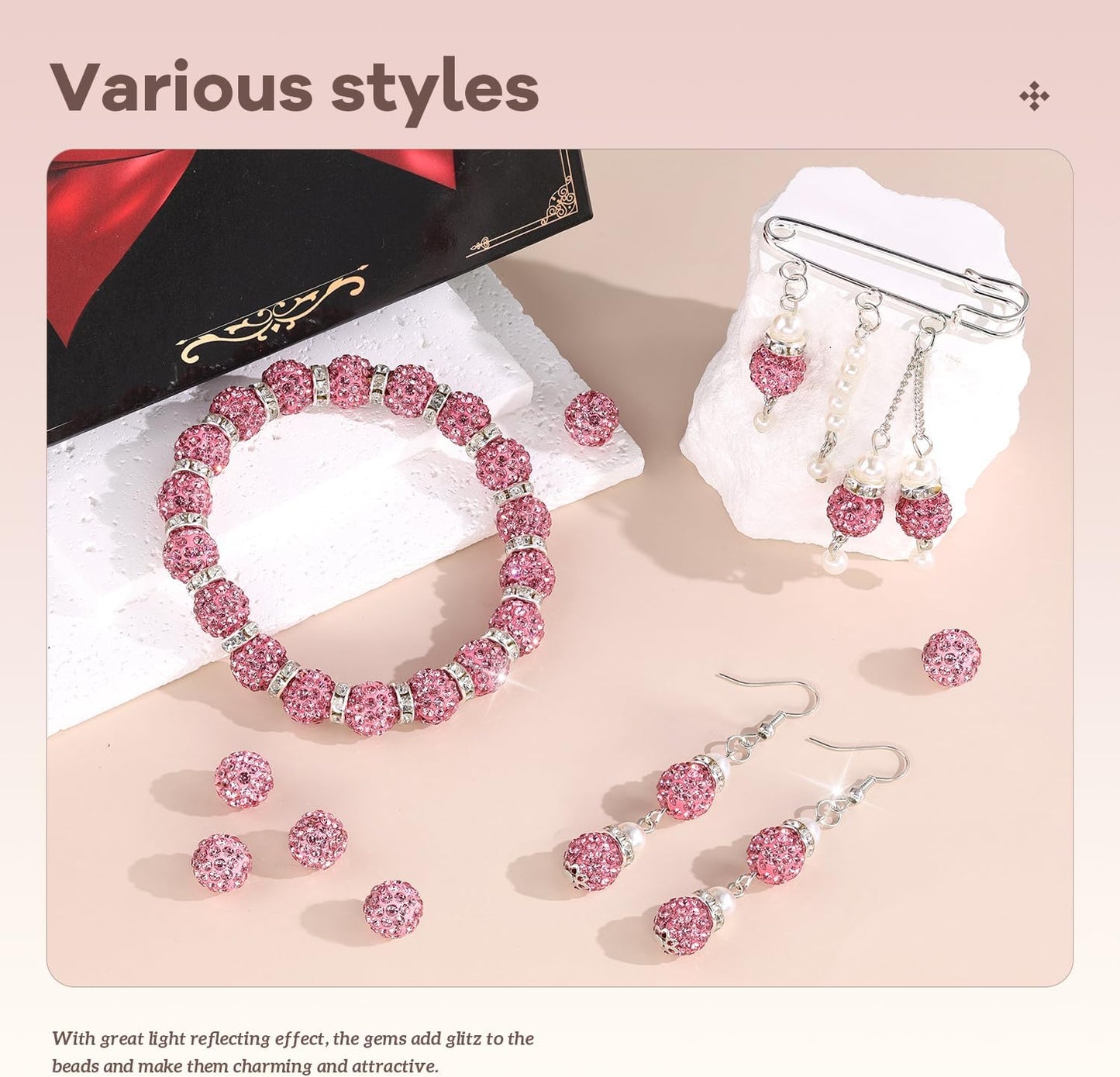 200pcs 10mm Rhinestone Beads for Jewelry Making, Dark Pink Shiny Round Disco Ball Beads Bulk, Sparkle Crystal Clay Christmas for Bracelet Baseball Necklace Earring Crafting and DIY