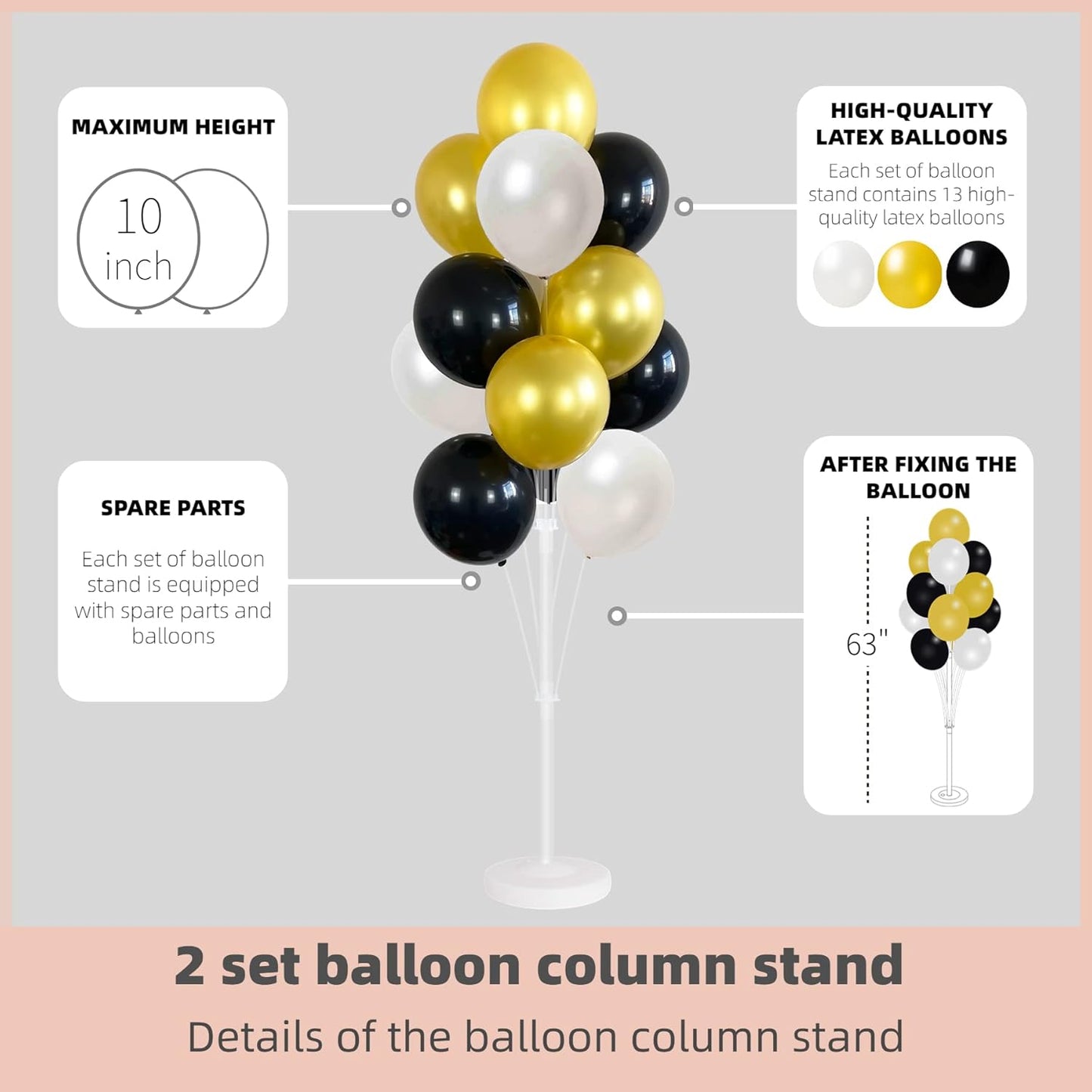 Balloon Column Kit Set of 2 With Balloons Included - Balloon Tower with Stand, Base, and Pole,Backdrop Decoration for Wedding, Baby Shower, Birthday Party, or Bachelorette Parties (Black Gold White)