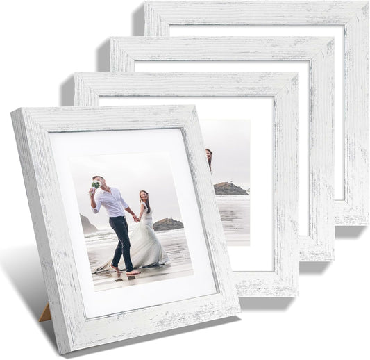 8x8 Picture Frames Set of 4 with Real Glass, Distressed White Frame Display 6x6 Pictures with Mat or 8 x 8 Without Mat, Wood Square Photo Frame for Wall Mount and Tabletop Display