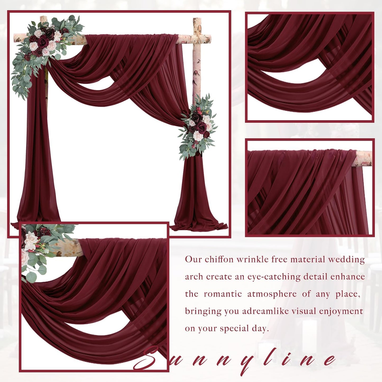 20Ft Length x 28" Width Wedding Arch Draping Fabric 4 Panels Burgundy Arch Drapes Chiffon Fabric Sheer Curtains Backdrop for Party Decorations Wedding Ceremony Bridal Ceiling Stage Reception Decor