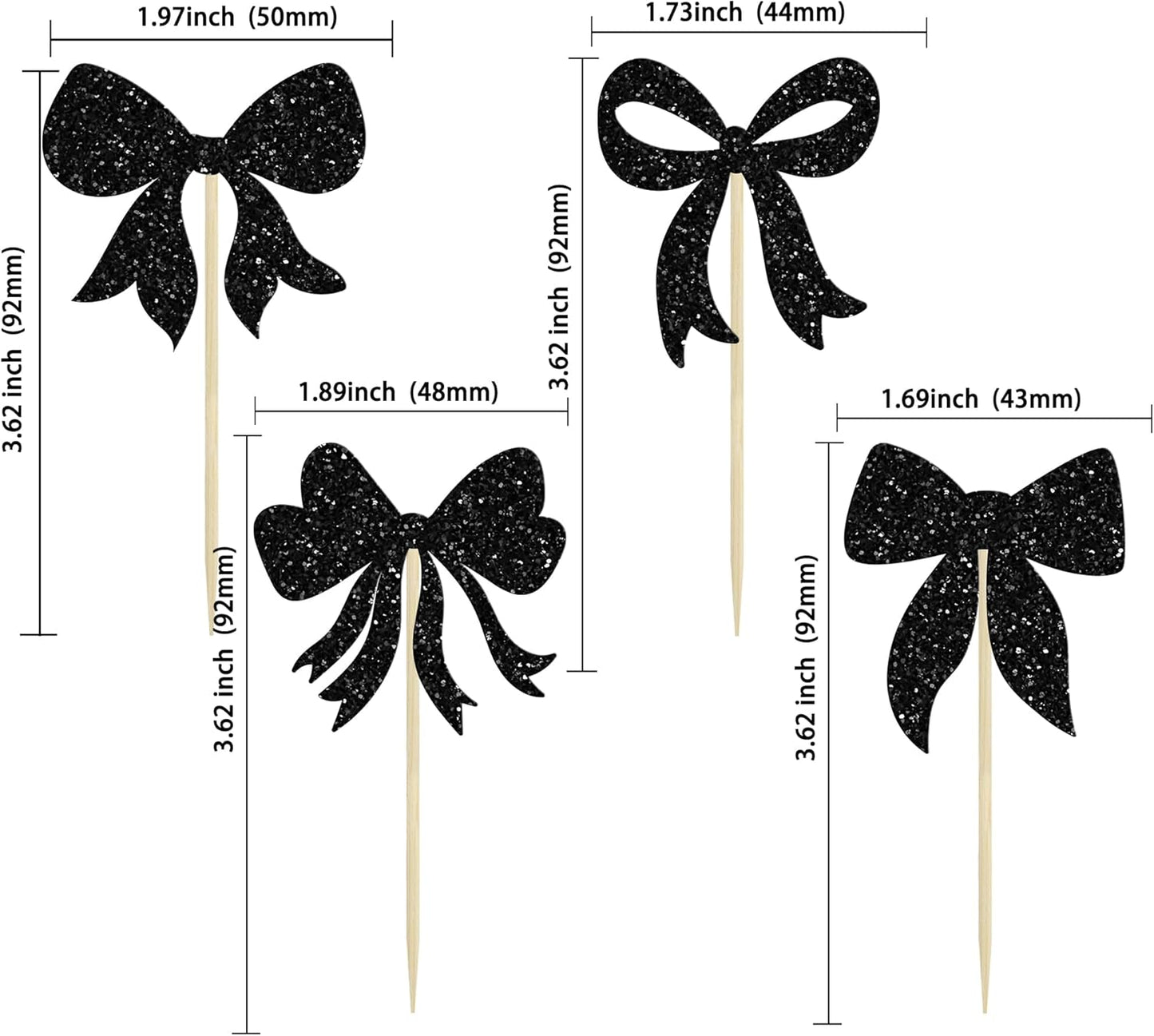 Gyufise 36Pcs Bow Cupcake Toppers Glitter Girls Birthday Decorations Bowknot Cupcake Picks Bow Tie Birthday Decorations Bow Cake Toppers for Bridal Baby Shower Bachelorette Party Supplies Black