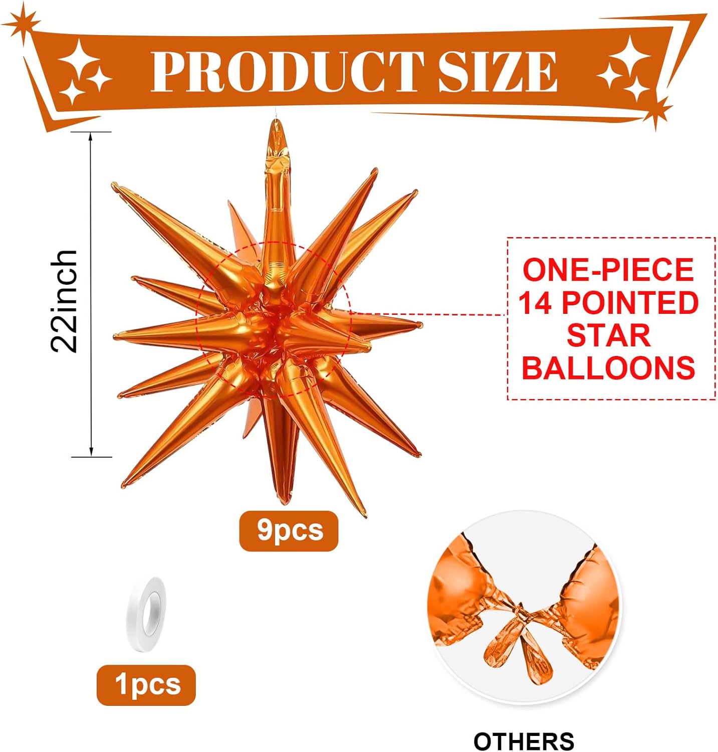 Orange Star Balloons,9Pcs 22Inch Orange Explosion Spike Cone Helium Polyester Film Star Foil Balloons for Birthday Halloween Graduation Anniversary Baby Shower Party Decorations