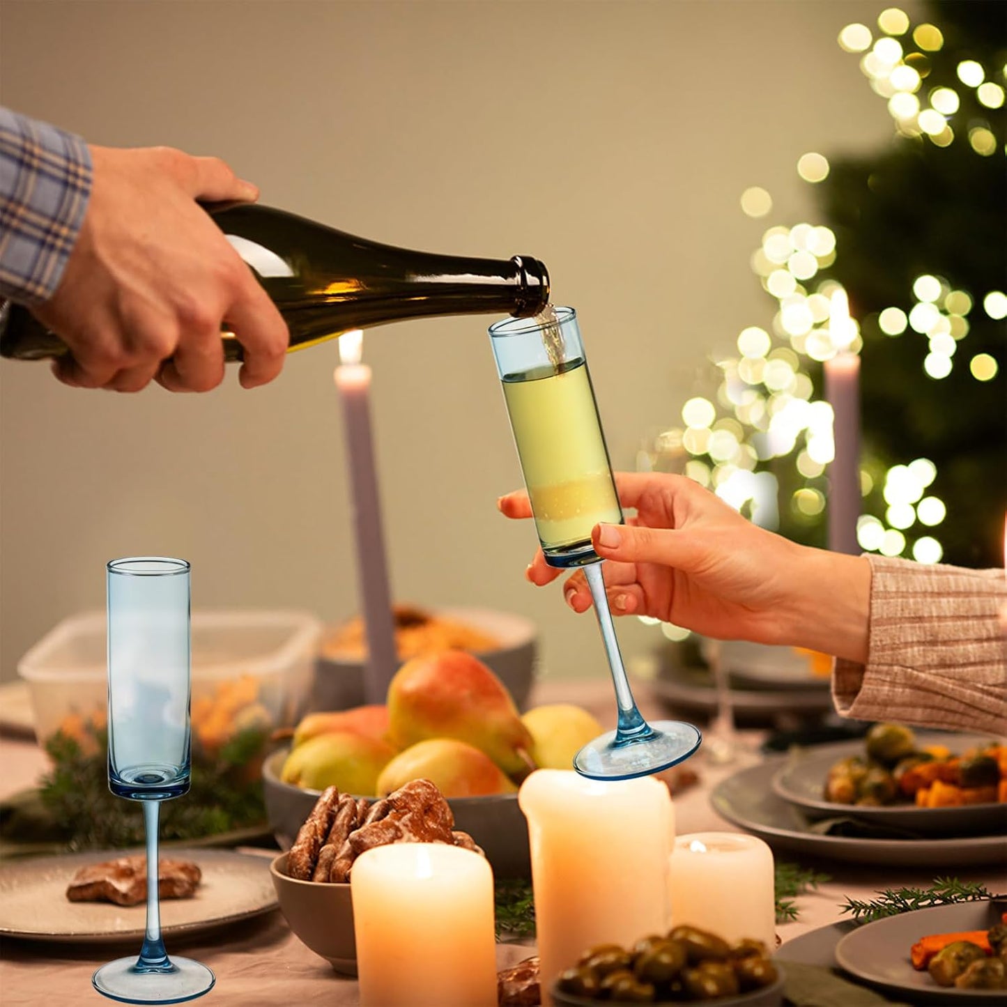 24 Pieces Blue Champagne Flutes 6 OZ Straight Sided Wine Glasses Champagne Long Stem Drinking Colored Glasses,Set of 24 Hand Blown Champagne Flutes Goblets for Wedding Cocktail Cups,Cava, Prosecco