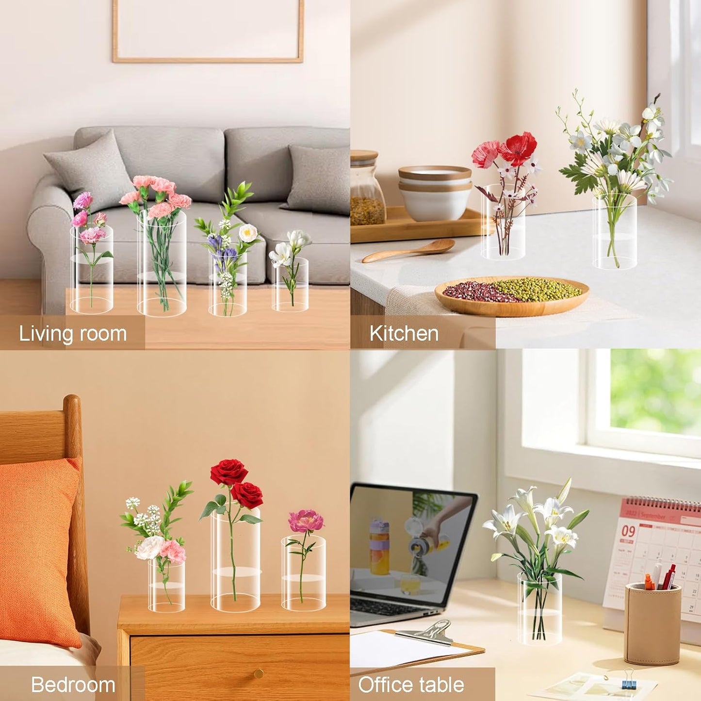 48 Pack Plastic Cylinder Vases, 4 6 8 10 Inch Tall Acrylic Cylinder Clear Flower Vase Set Bulk Glass Like Large Round Plastic Vases for Centerpiece Wedding Home Office (48)