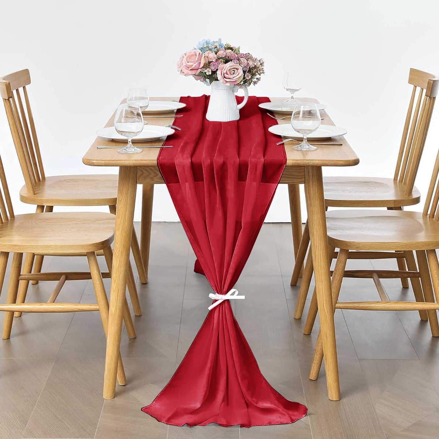 2 Pack 10Ft Red Chiffon Table Runner Sheer 29x120 Inch for Romantic Wedding Decor Bridal & Baby Shower Birthday Rustic Party Decoration