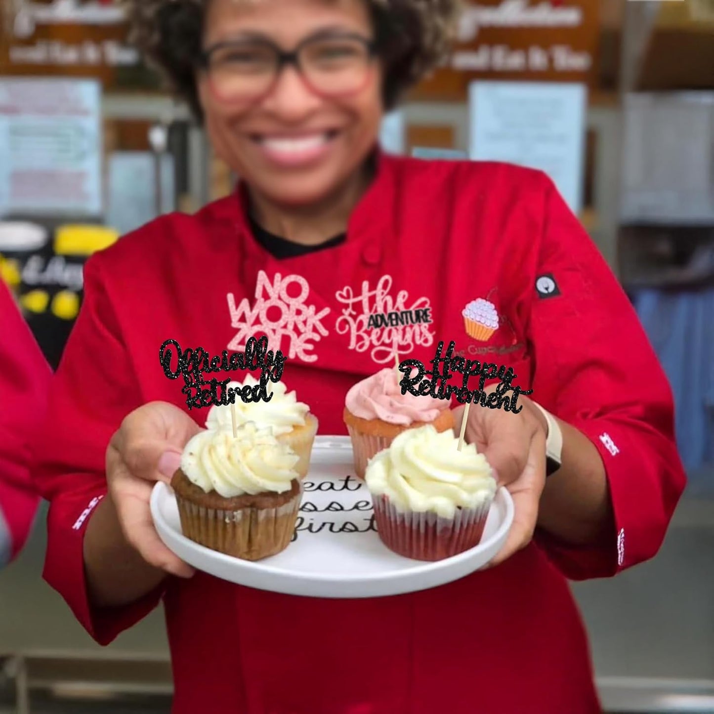 24Pcs Happy Retirement Cupcake Toppers Officially Retired Cake Toppers No Work Zone Adventure Begins Cupcake Picks Retirement Theme Farewell Birthday Party Decorations Supplies Pink Black