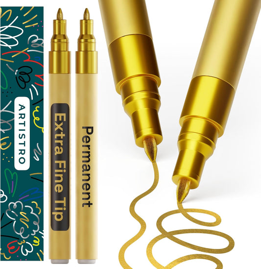 ARTISTRO 2 Gold Permanent Marker - Waterproof Markers for Tire, Fabric, Rocks, Glass, Ceramic, Wood, Paper - Oil Based Metallic Paint Pens - Extra-Fine Tip 0.7mm