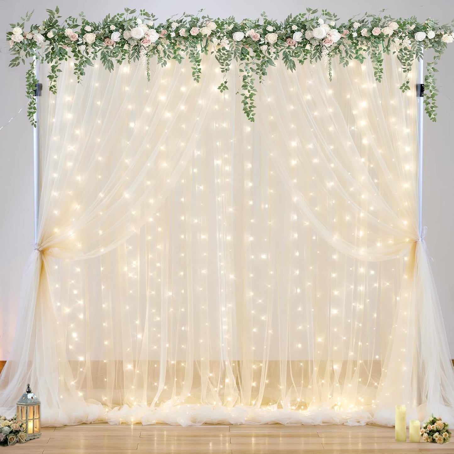 10ft x 10ft Champagne Tulle Backdrop Curtain with Lights String for Parties Wedding Bridal Shower Sheer Champagne Curtain Backdrop for Birthday Party Baby Shower Photo Booth Decorations