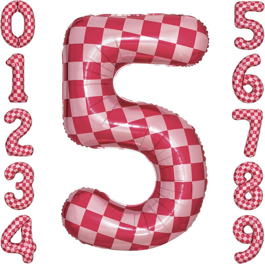 40 Inch Pink Checkered 5 Balloon Large Hot Pink Number Balloons for Girls 5th Birthday Decorations Pink Number 5 Balloon