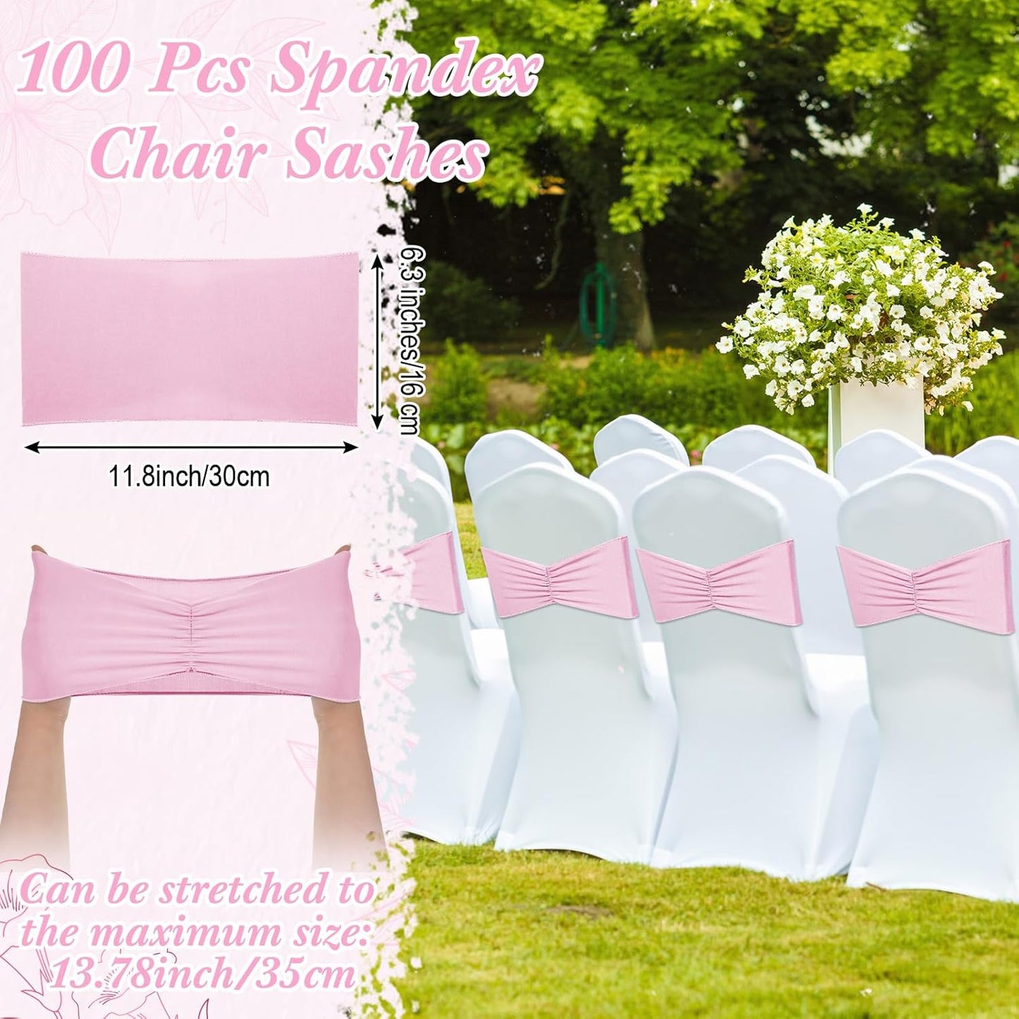 Moukeren 100 Pcs Spandex Chair Sashes Bows Chair Bands Slider Sashes for Chair Covers Elastic Chair Bands Ties Ribbon Chair Decorations for Wedding Party Events Ceremony Birthday Banquet(Light Pink)