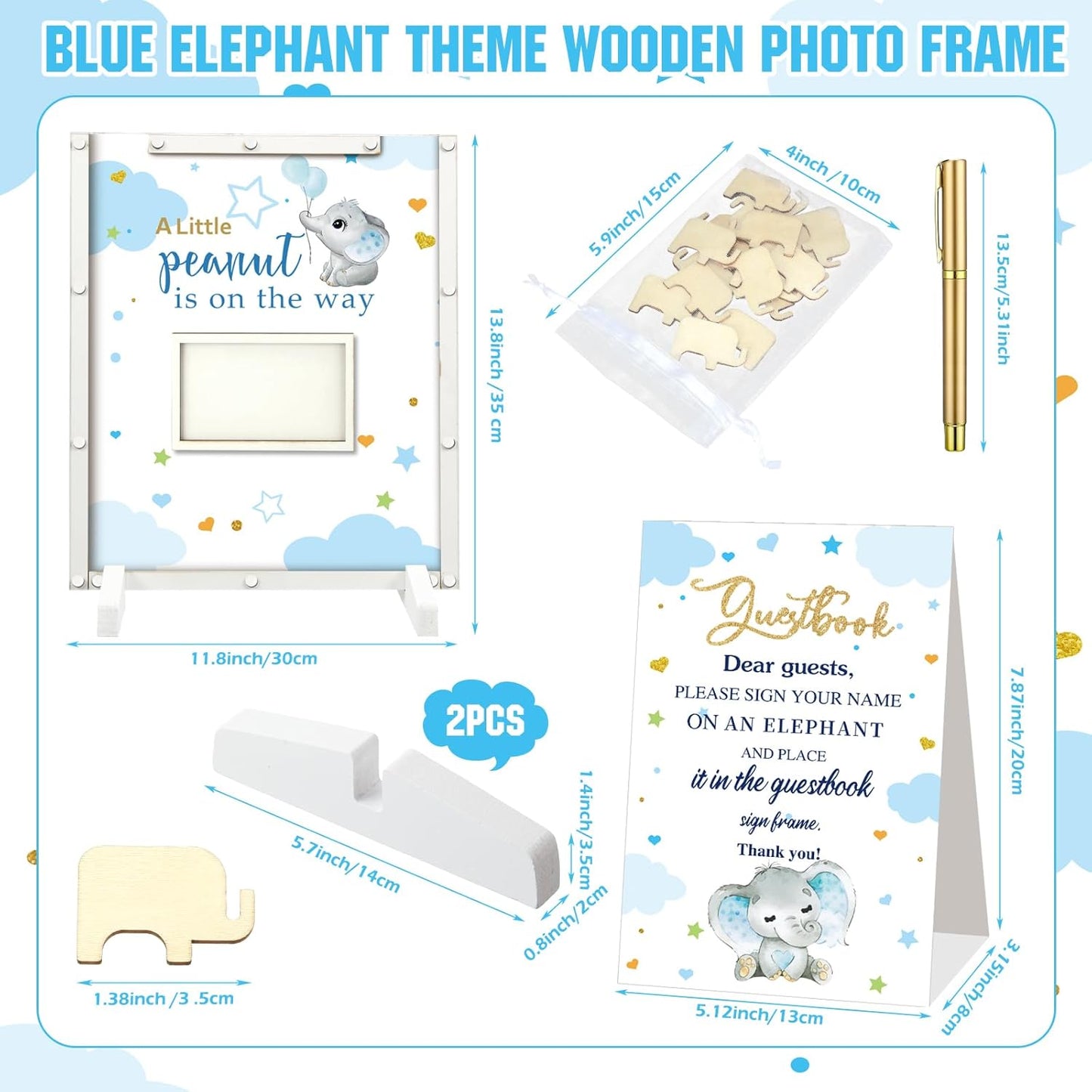 65 Pcs Elephant Theme Baby Shower Guest Book Alternatives Blue He or She Gender Reveal Baby Shower Decorations Sign in Guest Book with Picture Frame and 60 Wooden Chip